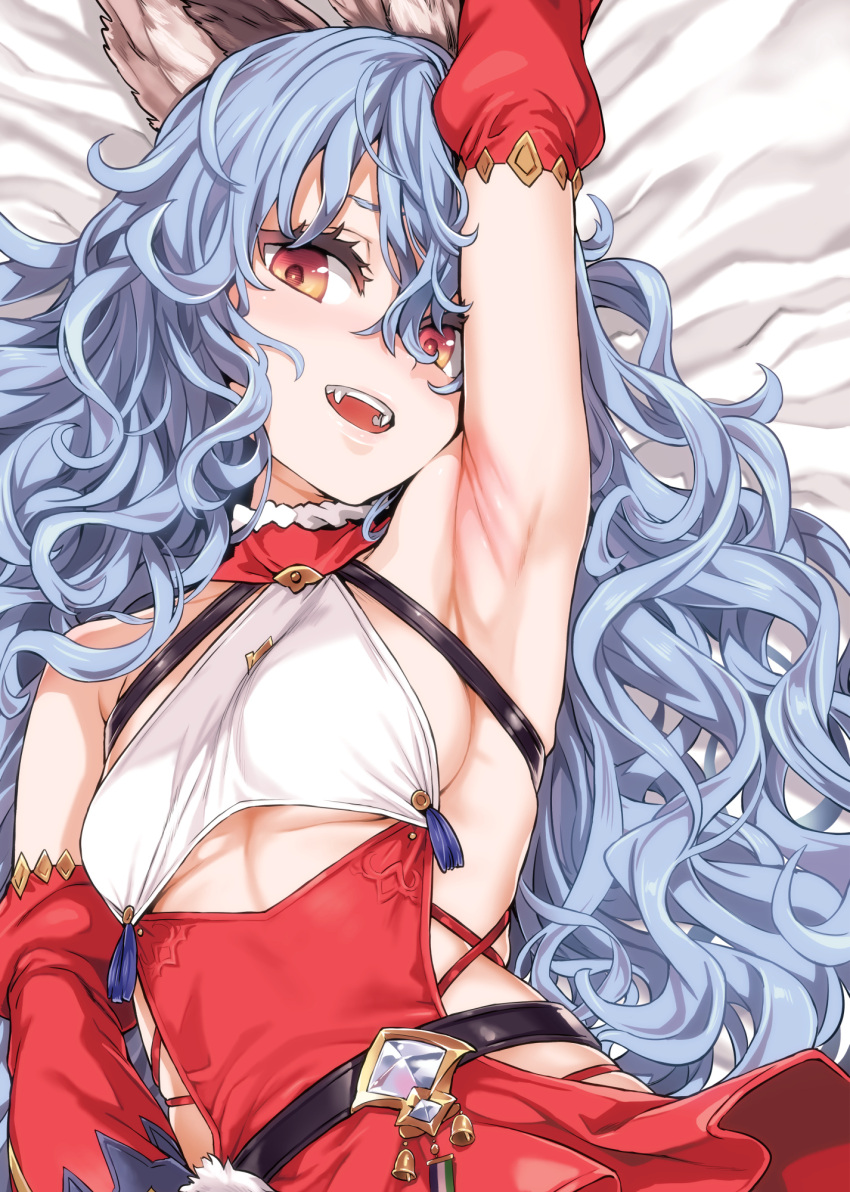 animal_ears armpit armpits asanagi blue_hair blush boobs breasts female female_only ferry_(granblue_fantasy) granblue_fantasy laying_down laying_on_bed long_hair looking_at_viewer lying_down lying_on_bed medium_breasts open_mouth orange_eyes sharp_teeth sideboob smile tagme