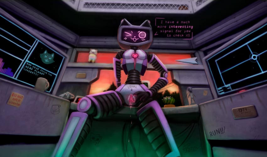 anthro artifact ass bodily_fluids breasts bzew computer detailed_background dripping_pussy electronics female fingering fingers genital_fluids genitals glowing glowing_genitalia glowing_pussy heart_symbol hi_res humanoid kerfur_omega_(votv) laboratory machine meme presenting presenting_hindquarters pussy robot robot_humanoid solo