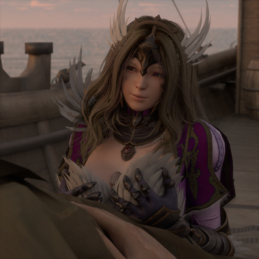 1boy 1girls 3d armored armored_female armored_gloves black_desert black_desert_online blender boat breast_grab breast_squeeze brown_hair clothed clothed_paizuri clothed_titjob dusk evening feather_hair_ornament feathers foreplay heterochromia male_out_of_frame notablyfishy ocean paizuri paizuri_lead_by_female penis_between_breasts player_character sunset titjob valkyrie_(black_desert) winged_helmet