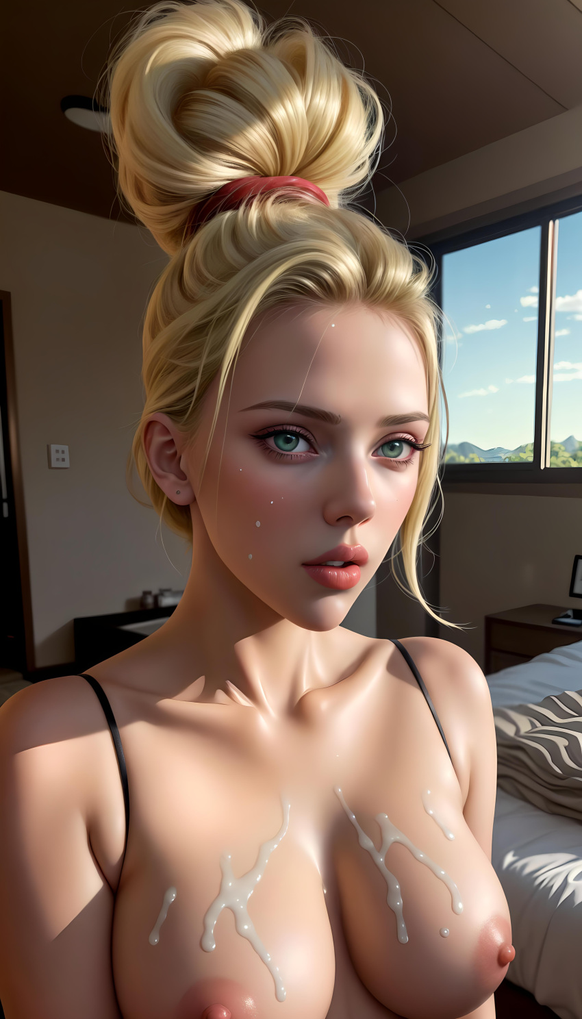 1girls ai_generated bare_breasts bare_nipples bed blonde_female blonde_hair blonde_hair_female cum cum_on_body cum_on_breasts exposed_breasts exposed_nipples female female_focus female_only generic_ai_face green_eyes green_eyes_female hair_tied hi_res high_resolution highres human human_only light-skinned_female light_skin nipples scarlett_johansson semen semen_on_body semen_on_breasts solo solo_female solo_focus