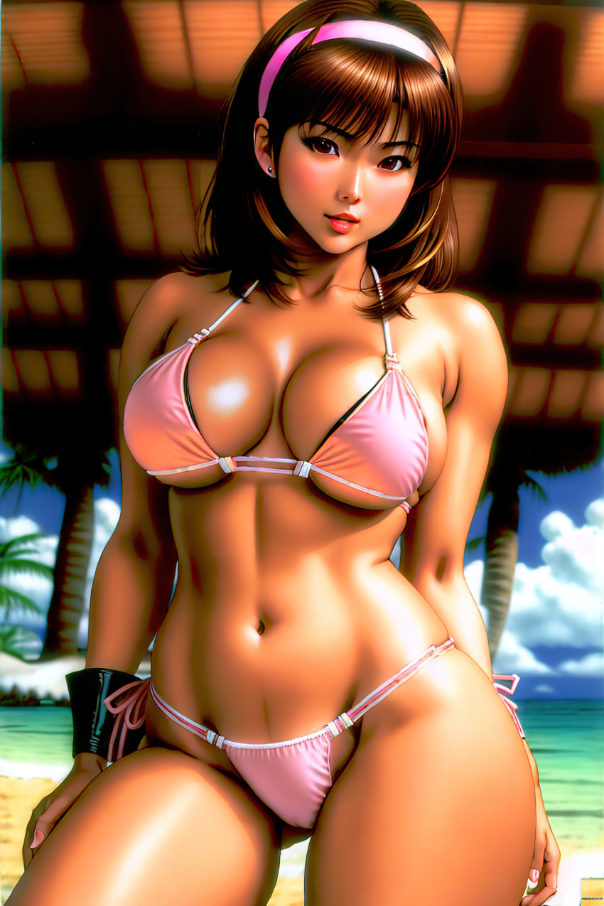 ai_generated allie_(dainty) asian ass beach big_breasts bikini brown_eyes brown_hair cleavage curvy cute deep_cleavage earrings female_focus female_only headband huge_breasts large_breasts looking_at_viewer pinup ribbon shoulder_length_hair sole_female solo solo_female solo_focus stable_diffusion teenager thick_ass thick_thighs tight_clothing wasian_girl