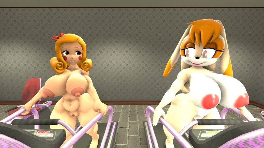 2girls 3d 3d_(artwork) areolae barefoot big_breasts breasts completely_nude completely_nude_female female female_only kskwjdjsj miss_delight naked naked_female nipples nude nude_female poppy_playtime sfm smile sonic_(series) sonic_the_hedgehog_(series) treadmill vanilla_the_rabbit walking