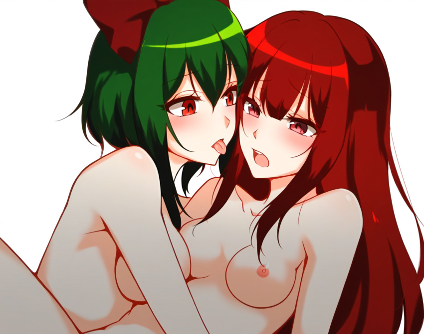 2girls ai_generated akari_oborodzuka blush bow breast_press breasts collarbone female female/female female_only green_hair gumi hair_between_eyes hairbow implied_sex licking long_hair looking_at_another mai_shishikusa masa_works_design medium_breasts milua multiple_girls nipples novelai nude oni_to_kitsune_no_hanashi open_mouth red_bow red_eyes red_hair saliva self-upload shiny shiny_hair short_hair short_hair_with_long_locks sidelocks simple_background small_breasts tongue tongue_out upper_body vocaloid white_background yuri