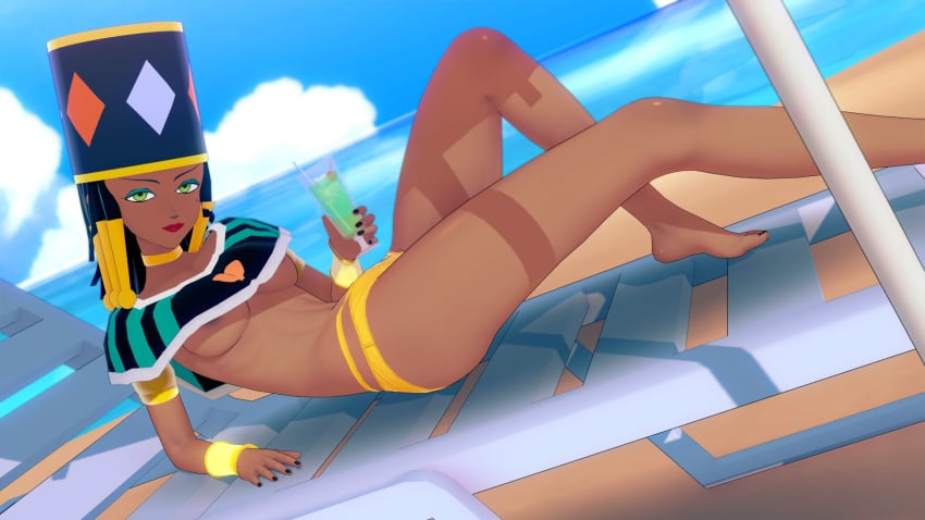 1girls a-lex black_hair breasts dark-skinned_female dark_skin dragon_ball dragon_ball_super female female_focus female_only green_eyes helles koikatsu large_breasts long_hair swimsuit thick_ass thick_thighs thighs yellow_swimsuit