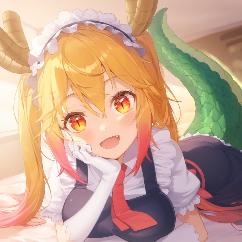 1girls ai_generated aigbrea bedroom blush breast_squish dragon_girl dragon_tail female female_only gradient_hair large_breasts lying maid maid_headdress maid_outfit miss_kobayashi's_dragon_maid orange_eyes orange_hair smile tohru_(dragon_maid)