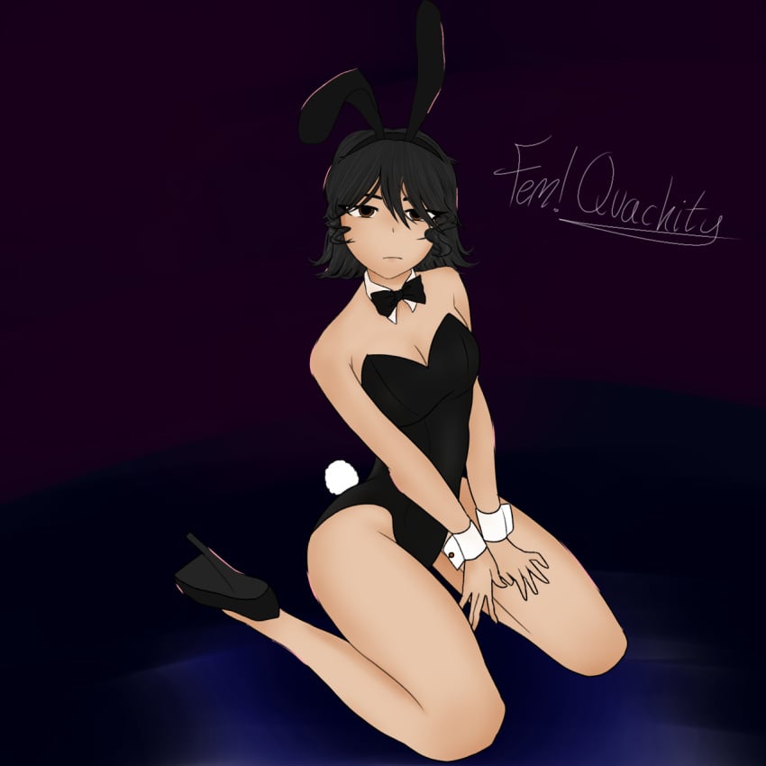 black_hair bodysuit bowtie brown_eyes bunny_girl bunny_suit bunnysuit dream_smp dsmp genderswap_(mtf) hands_on_thighs heels looking_at_viewer mcyt minecraft_youtubers qsmp quackity sfw sitting sitting_on_floor solo tagme youtube