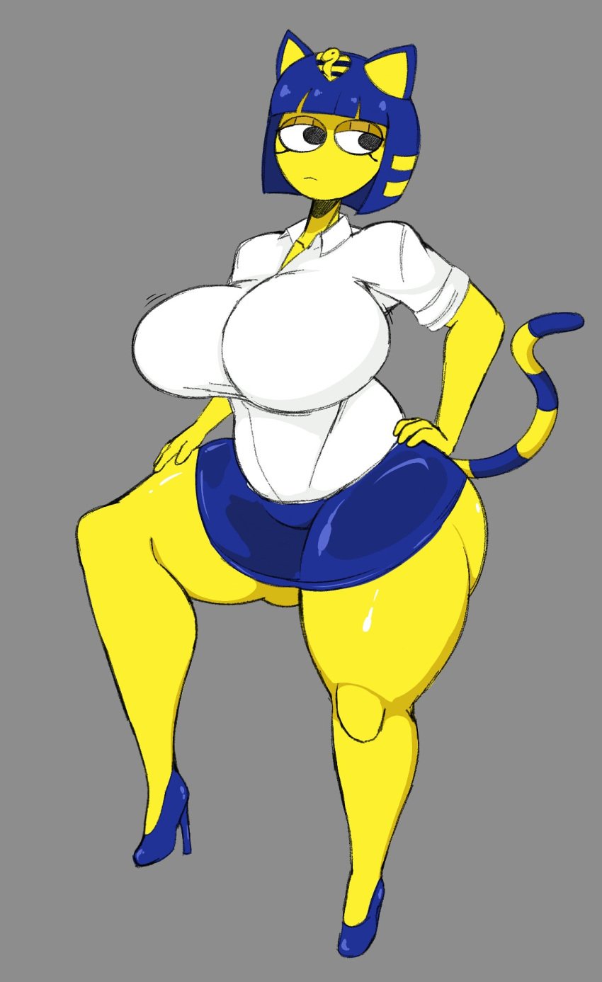 1girls animal_crossing ankha ass big_breasts black_eyes blue_hair breasts clothed clothed_female female female_focus female_only grey_background hand_on_hip heels high_heels huge_thighs leg_up legs looking_to_the_side short_hair short_skirt solo_female solo_focus tagme tail theimmortalguy thick thick_thighs thighs toned_female toned_legs