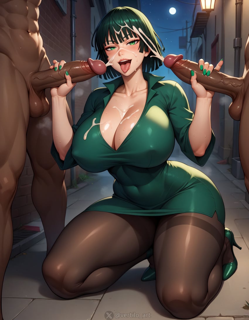 1girls 2boys ai_generated cum cum_on_breasts cum_on_face dark-skinned_male dark_skin double_handjob ejaculation fingernails fubuki_(one-punch_man) green_dress green_nails handjob high_heels huge_breasts huge_cock large_penis nail_polish one-punch_man open_mouth pantyhose penis testicles tongue tongue_out uncensored vertiloart