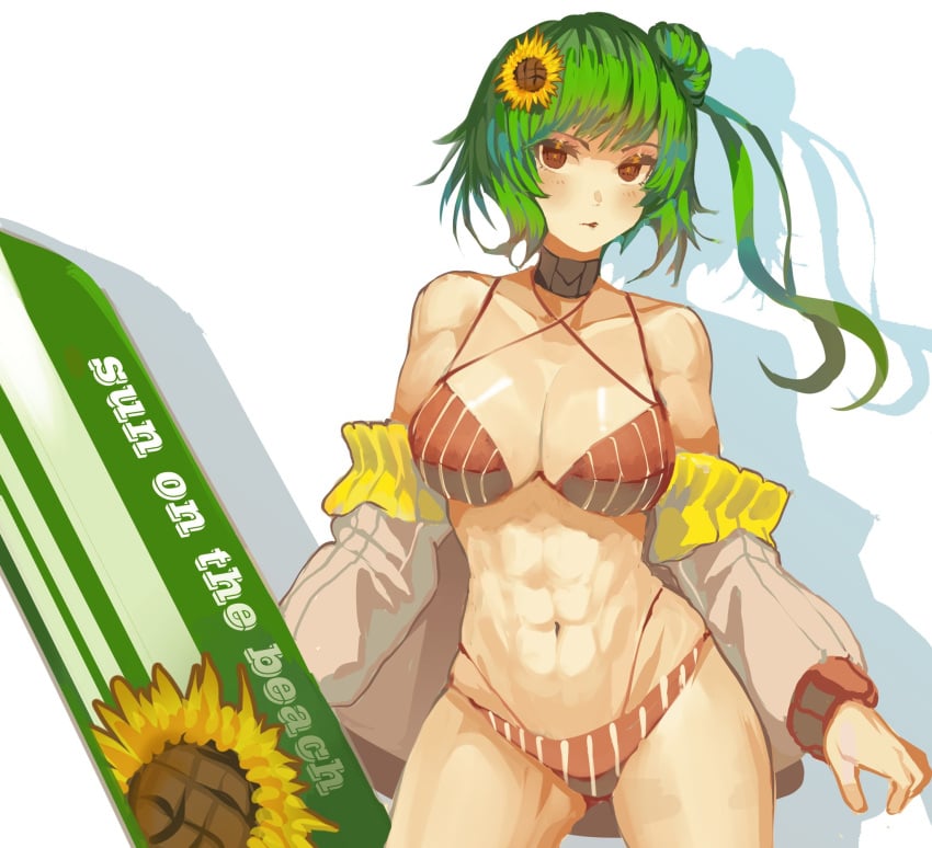 abs bare_shoulders bikini breasts choker cleavage closed_mouth female flower green_hair hair_bun hair_flower hair_ornament highres jacket kazami_yuuka large_breasts long_sleeves looking_at_viewer looking_back muscular muscular_female navel open_clothes open_jacket orange_bikini orange_eyes orange_jacket shadow simple_background single_hair_bun single_side_bun solo striped_bikini striped_clothes sunflower surfboard swimsuit tomatolover16 touhou upper_body white_background yuka_kazami