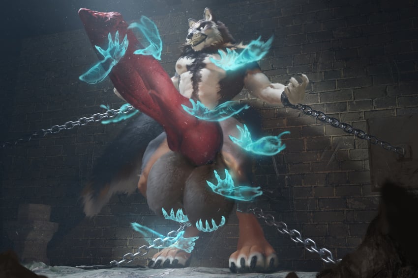 animal_genitalia animal_penis anthro balls big_balls big_penis canid canine canine_genitalia canine_penis canis chained chains disembodied_hand dungeon expansion gausswolf genital_expansion genitals ghost_hands hi_res huge_balls huge_cock hyper hyper_balls hyper_genitalia hyper_penis knot male mammal penis solo spectrumshift wolf