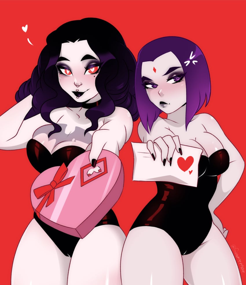 2girls anger_vein artist_self-insert bare_shoulders beauty_mark big_breasts black_hair breasts cameltoe chest_tattoo choker cleavage clothed curly_hair dc eyeshadow female female_only forehead_mark goth hand_on_hip heart heart-shaped_box heart-shaped_pupils hi_res leotard lip_piercing lipstick long_hair looking_at_viewer medium_hair nail_polish nemore_(ravenemore) nose_piercing original_character pale_skin plain_background purple_eyes purple_hair rachel_roth raven_(dc) ravenemore red_eyes smile tattoo teen_titans two_tone_hair valentine's_day valentines_day_card