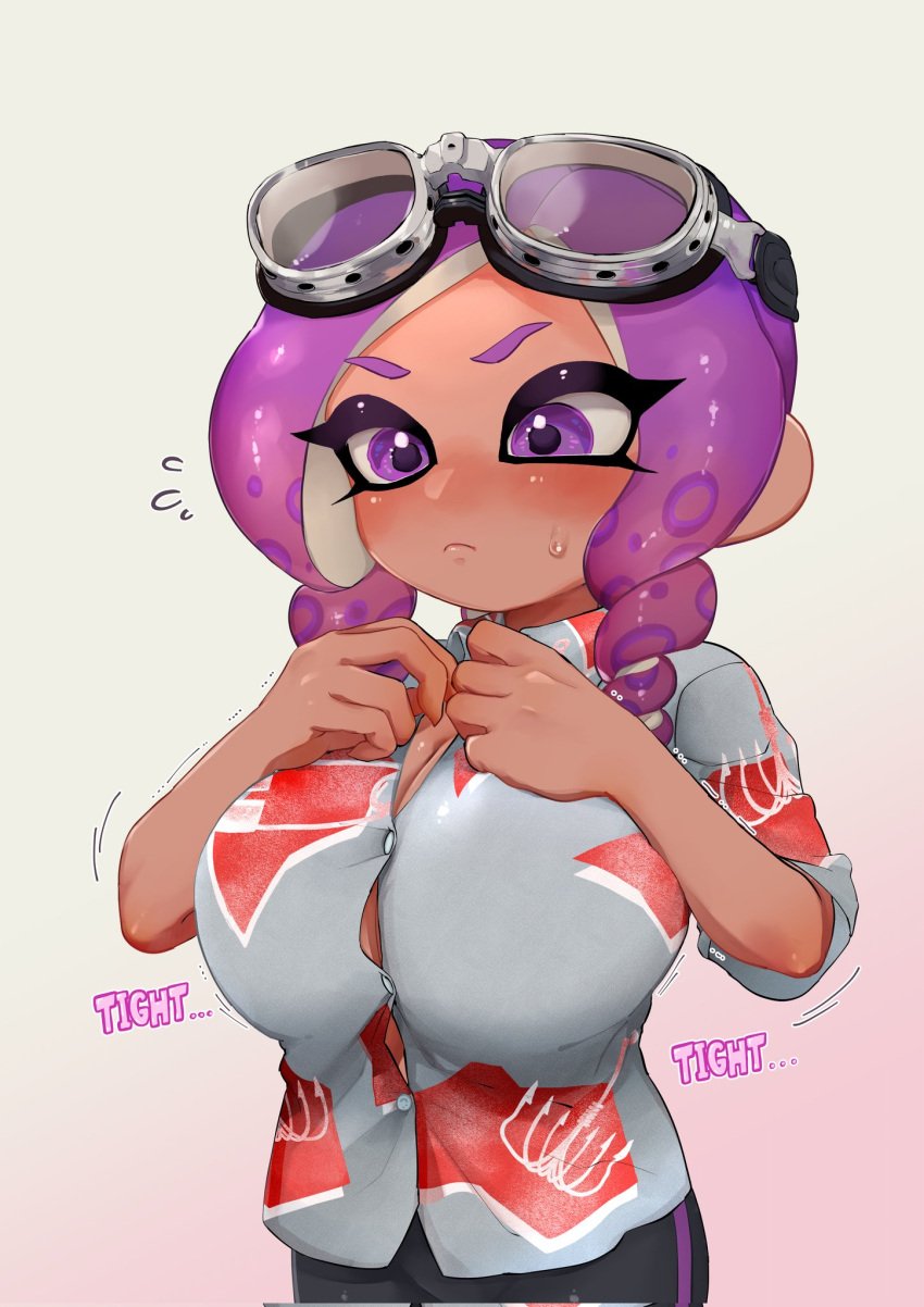 1girls big_breasts black_leggings breasts button_down_shirt button_gap doro_mizu_831 english_text female female_only goggles_on_head octoling_girl original_character purple_eyes purple_hair solo solo_female solo_focus splatoon splatoon_(series) sweat tentacle tentacle_hair