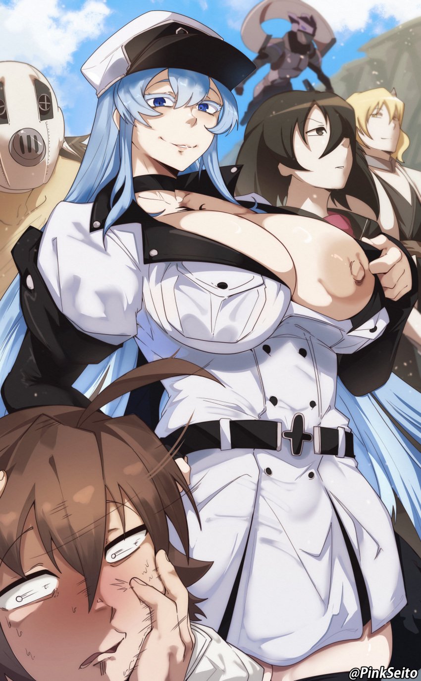 2boys 3boys absurdres akame_ga_kill! big_breasts bols breast_focus breasts brown_hair embarrassed esdeath_(akame_ga_kill!) flashing flashing_breasts hat highres huge_breasts kurome_(akame_ga_kill!) large_breasts looking_at_another military_hat military_uniform multiple_boys multiple_girls naughty_face nipple_slip nipples one_breast_out orphen_(pink_seito) outdoors pinkseito presenting presenting_breasts puffy_nipples run_(akame_ga_kill!) tatsumi_(akame_ga_kill!) teasing uniform voluptuous