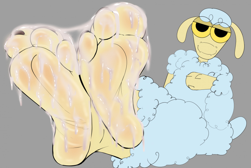 3_toes ambiguous_gender bodily_fluids bovid caprine cum cum_on_feet feet genital_fluids hi_res humanoid_feet looking_at_viewer male mammal no_visible_genitalia non-human_only plantigrade sheep sheep_in_the_big_city simple_background soles solo toes toony vendetta892