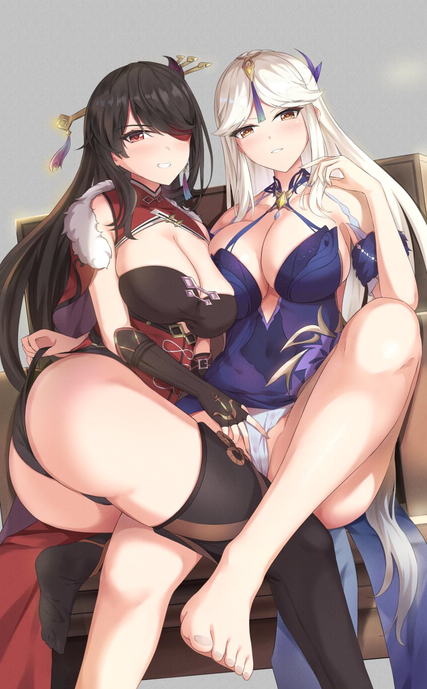 2girls beidou_(genshin_impact) eyepatch female female_only genshin_impact implied_yuri multiple_girls ningguang_(genshin_impact) ningguang_(orchid's_evening_gown)_(genshin_impact) panties red_eyes white_hair white_panties zuikillme