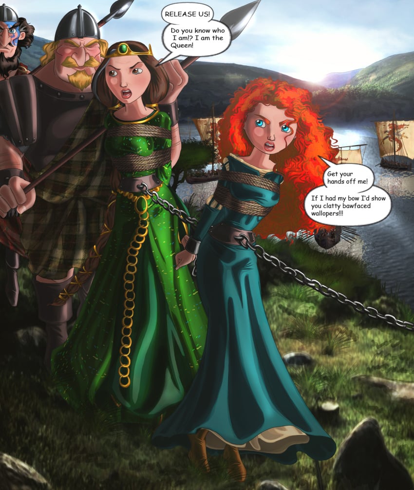 2boys 2girls bondage brave breast_bondage captured captured_heroine chains disney disney_princess enslaved_royal erikson1 merida mouth no_blindfold open_mouth pixar queen_elinor rope_bondage shackles speech spoils_of_war walking