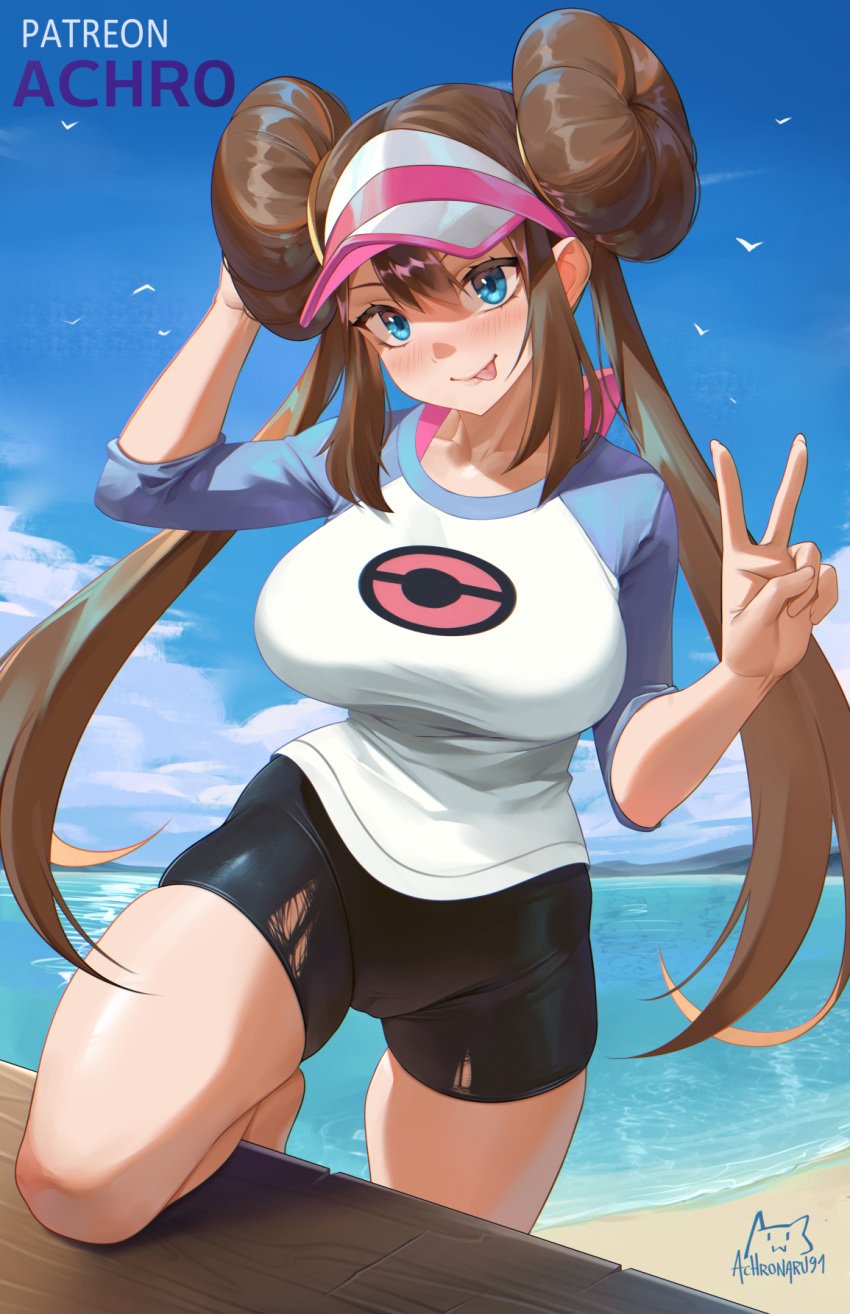 1girls achromaru blue_eyes booty_shorts breasts brown_hair female large_breasts light-skinned_female light_skin long_hair nintendo pokemon pokemon_bw2 rosa_(pokemon) short_shorts shorts thick_thighs twintails