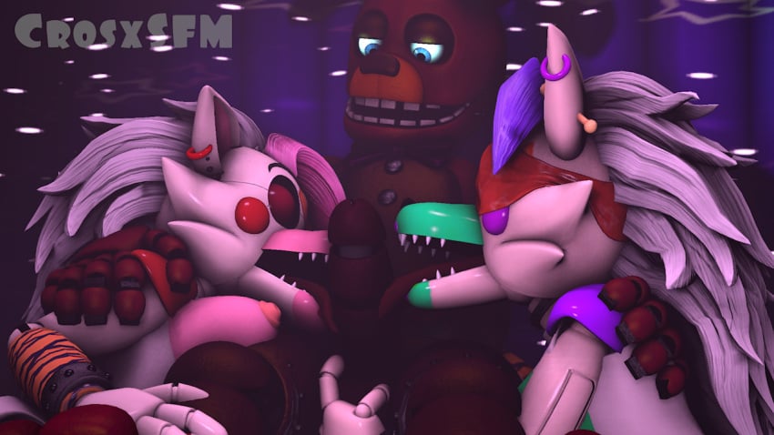 1boy 2girls blowjob blue_eyes bunny_boy crosx_sfm crosxsfm female five_nights_at_freddy's five_nights_at_freddy's:_security_breach glamrock_mangle male oc oral oral_masturbation oral_sex penis pink_skin purple_skin sex spring_bonnie spring_bonnie_(fnaf) tangle_(fnaf) white_skin wolf wolf_girl yellow_eyes