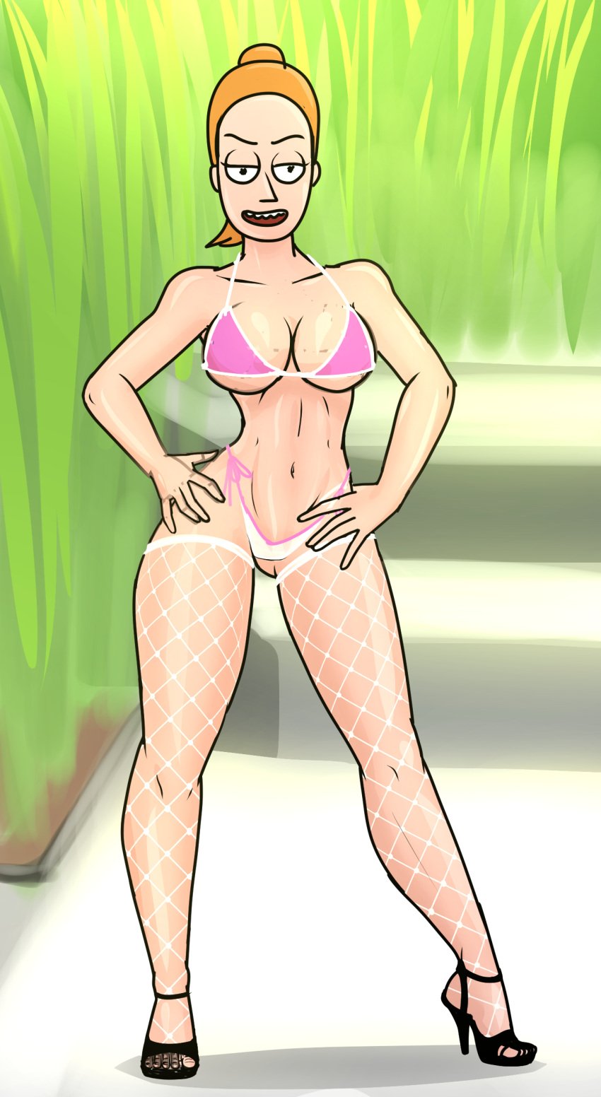 adult_swim bikini breasts color curvy diklonius female female_only fishnets high_heels huge_breasts looking_at_viewer ponytail red_hair rick_and_morty sketch stockings summer_smith thick_thighs