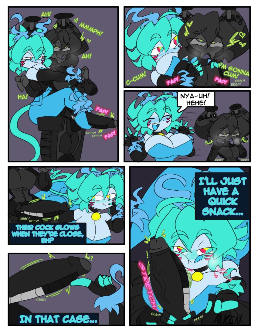 1boy 1boy1girl 1girls android android_boy big_ass big_breasts big_hips blue_mouth bodysuit catgirl comic comic_page cyan_hair cyan_tail dialogue femboy femboy_on_female footjob gajinka ghost_girl grey_skin huge_cock light_blue_skin mecha_v1_(mechacarnis) mechacarnis nyalware_(mechacarnis) steam_deck teasing teasing_penis twintails two_tone_eyes valve valve_(company) virus