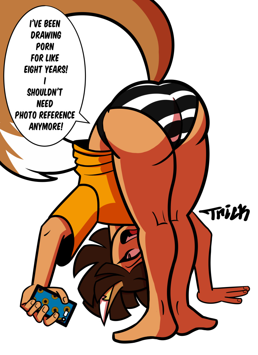 ass ass_in_air bent_over black_and_white_panties brown_hair comic female female_only foxgirl panties phone roxy_(tricktownsend) selfie striped_panties tan_body tan_skin tricktownsend(artist) underwear undies upside-down word_balloon