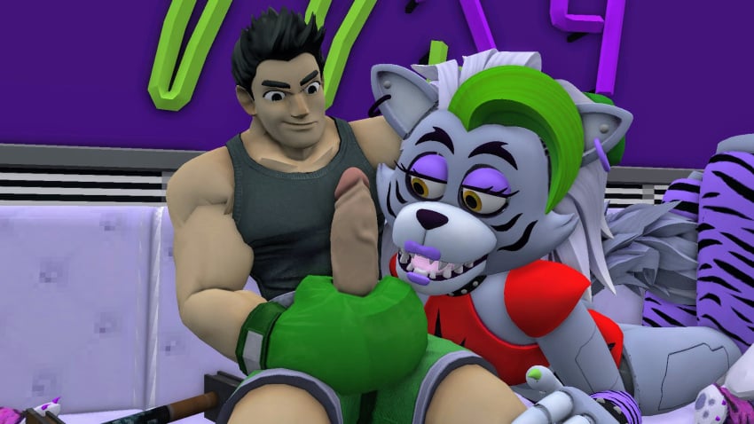 1boy 1girls 3d 3d_(artwork) animatronic black_hair boxers boxing_gloves crossover eastern_and_western_character female five_nights_at_freddy's five_nights_at_freddy's:_security_breach furry furry_female little_mac male masturbation muscular_male nintendo penis punch_out robot robot_girl roxanne_wolf_(fnaf) seductive sex steel_wool_studios