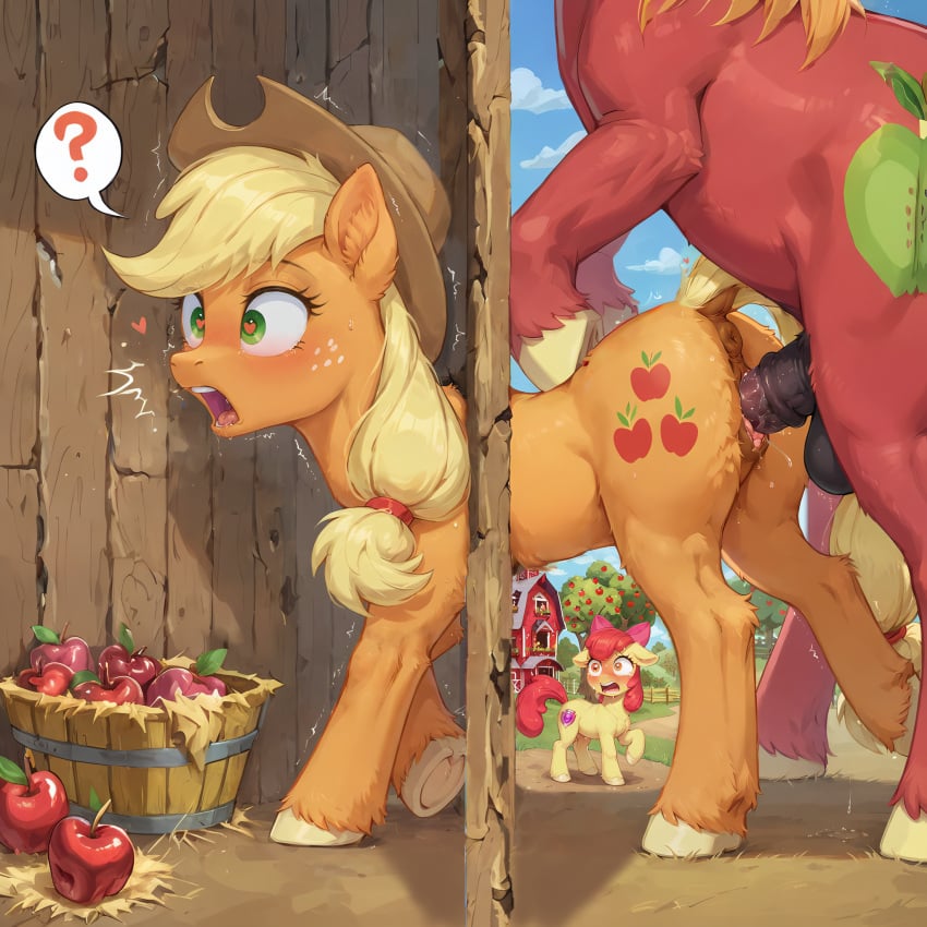 1boy 2girls ai_generated anus apple apple_bloom_(mlp) applejack_(mlp) ass being_watched big_macintosh_(mlp) blonde_hair blush brother_and_sister cowboy_hat earth_pony equine female feral feral_on_feral friendship_is_magic fur green_eyes hair hasbro hat heart heart-shaped_pupils hooves horse incest male male/female my_little_pony orange_body orange_fur penis pony pony_diffusion_xl pussy red_body red_fur shocked_expression sisters stable_diffusion stuck stuck_in_wall symbol-shaped_pupils through_wall vaginal_penetration venisoncreampie