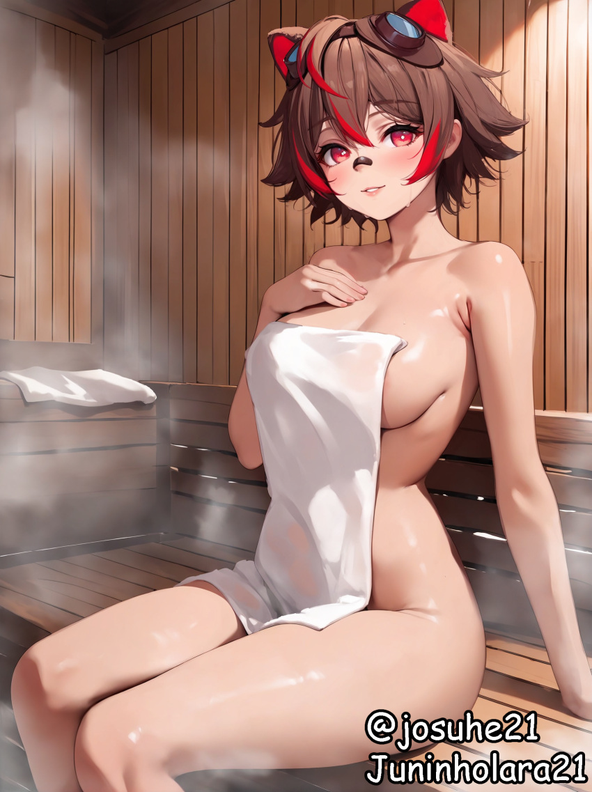 ai_generated bandaid_on_nose brown_hair goggles_on_head hand_on_breast hispanic_virtual_youtuber juninholara21 looking_at_viewer naked_towel rakkun red_eyes sauna short_hair sitting steam steaming_body streaked_hair virtual_youtuber vtuber