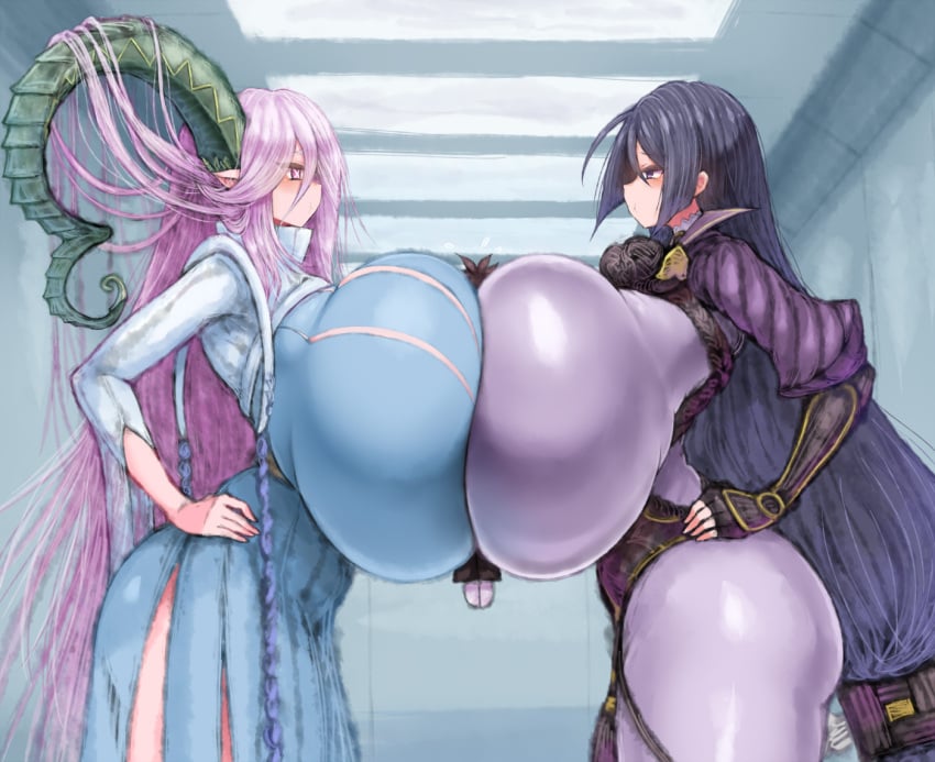 2b213 2girls breast_to_breast contest fate/grand_order fate_(series) from_side fully_clothed gigantic_breasts hand_on_hip hyper_breasts minamoto_no_raikou_(fate) minamoto_no_raikou_(fate/grand_order) side_view staring_at_another tiamat_(fate) top_heavy