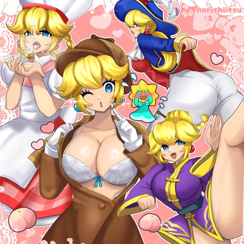 1girls 2020s artist_name ass blonde_hair blue_eyes bow bow_bra bra breasts chef_hat cleavage closing_eyes cum cum_on_face detective detective_peach earrings female female_focus jpeg kung-fu_peach looking_at_viewer mario_(series) multiple_outfits nintendo norishiitsu one_eye_closed one_leg_raised one_leg_up open_clothes open_mouth pantylines patissiere_peach princess_peach princess_peach:_showtime! stella_(princess_peach:_showtime!) swordfighter_peach white_bra white_pants wink winking_at_viewer