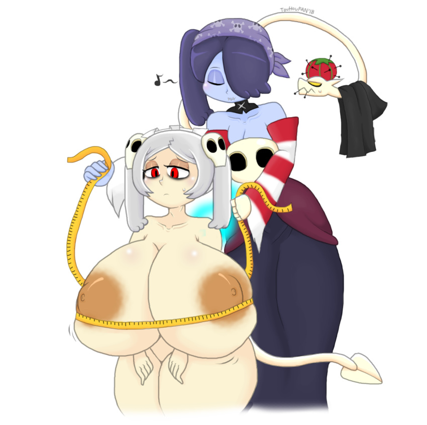 big_breasts big_nipples breasts female female_only gigantic_breasts huge_breasts marie_korbel measuring measuring_breasts skullgirls squigly touhoufan