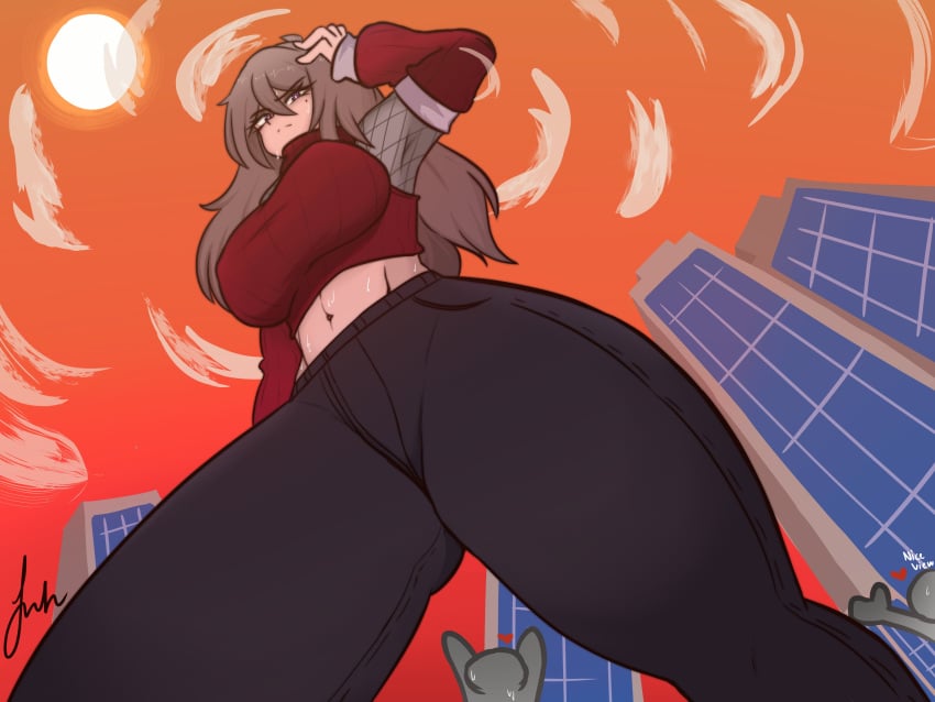 1girls 2boys alexis_(juhbuhyuh) big_breasts big_female_small_male black_pants breasts building buildings female female_only gigantic_female juhbuhyuh long_hair navel original thick_thighs thighs underboob