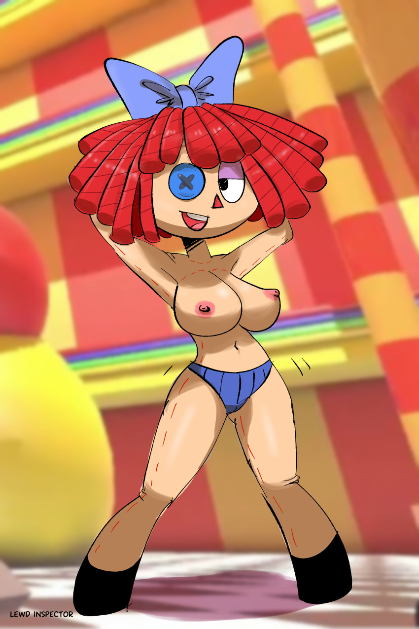 1girls bow breasts breasts_out button button_eyes female hands_behind_head lewd_inspector medium_breasts open_mouth pose ragatha ragatha_(the_amazing_digital_circus) red_hair smile solo solo_female standing the_amazing_digital_circus underwear