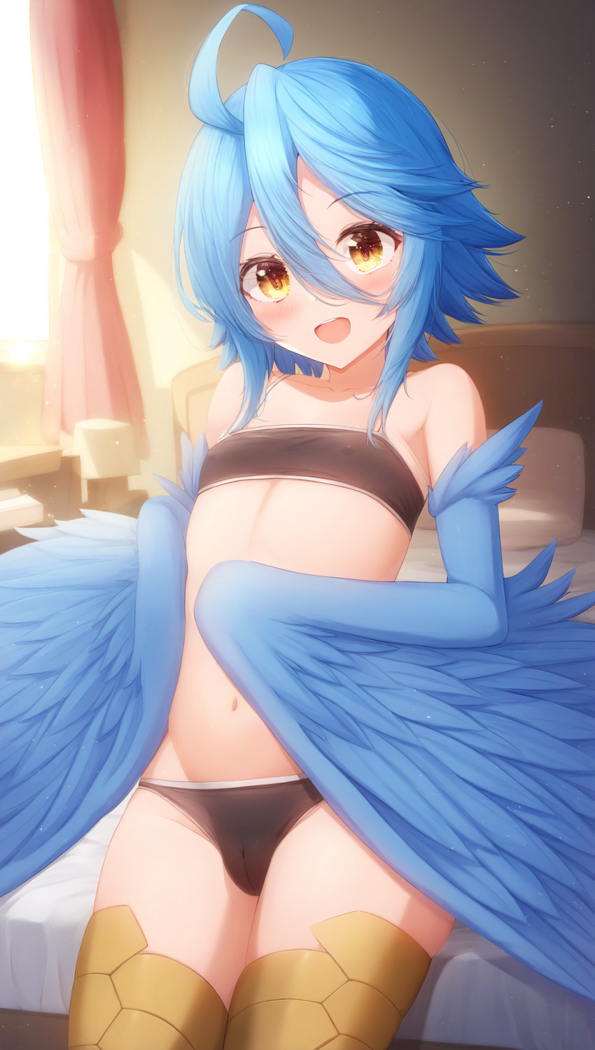 1girls ai_generated aigbrea amber_eyes black_underwear blue_hair blush cameltoe feathers female female_only harpy monster_girl monster_musume_no_iru_nichijou nipples_visible_through_clothing papi_(monster_musume) short_hair small_breasts smile vagina