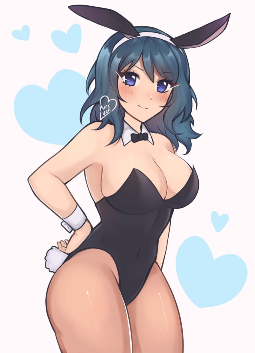 1girls animal_ears bare_arms bare_shoulders blue_eyes blue_hair blush breasts bunny_ears bunny_girl bunnysuit byleth_(female)_(fire_emblem) byleth_(fire_emblem) byleth_(fire_emblem)_(female) cleavage commentary covered_navel cowboy_shot detached_collar fake_animal_ears fake_tail female female female_only fire_emblem fire_emblem:_three_houses grey_background hairband heart highres large_breasts leotard long_hair looking_at_viewer pantyhose purrlucii rabbit_ears rabbit_tail simple_background smile solo standing tail thighs white_hairband wrist_cuffs