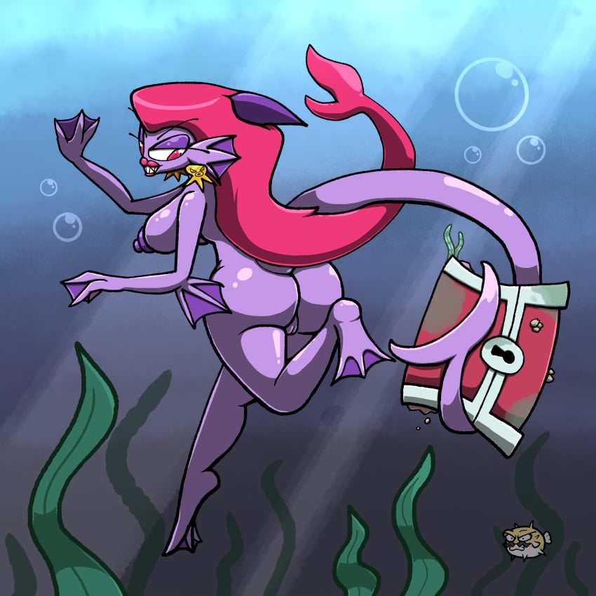 captain_syrup chabble female female_only fish post_transformation pufferfish red_eyes red_hair shark_girl shark_tail swimming treasure treasure_chest underwater wario wario_(series) wario_land