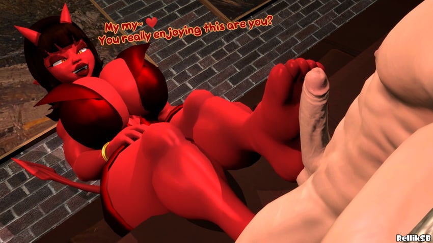 1boy 1girls 3d 3d_(artwork) barefoot big_breasts bracelet breasts brown_hair demon demon_girl dress feet feet_on_penis footjob gold_bracelet horns legs milf penis red_dress red_skin relliksb self_upload syrah_(relliksb) tail yellow_eyes