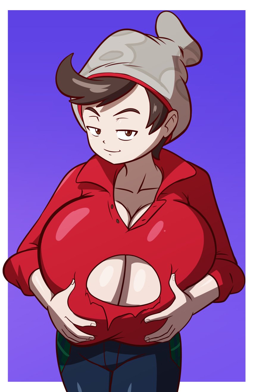 1boy axel-rosered bedroom_eyes big_breasts big_tits breasts_bigger_than_head busty_boy cleavage cleavage_cutout cleavage_window grabbing_own_beast huge_breasts huge_tits looking_at_viewer male male_breasts male_cleavage male_only male_tits male_with_breasts pokemon presenting_breasts solo solo_male victor_(pokemon)