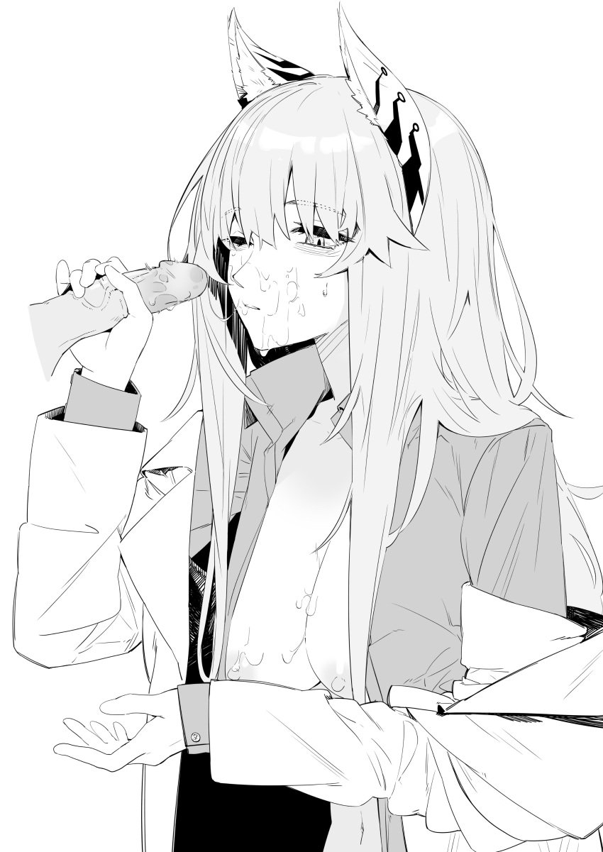 1boy absurdres after_fellatio animal_ears asimo_(hakurei10201) big_breasts blush breasts cleavage coat collared_shirt cum cum_on_body cum_on_breasts disembodied_penis facial female girls'_frontline girls'_frontline_neural_cloud greyscale handjob highres lab_coat large_breasts long_hair monochrome navel nipples off_shoulder one_eye_closed open_clothes open_shirt parted_lips penis persicaria_(girls'_frontline_nc) shirt simple_background small_penis upper_body