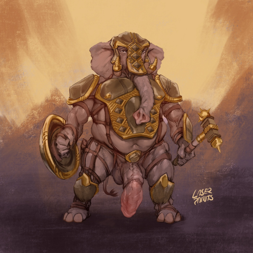 anthro armor elephant elephantid genitals hammer headgear helmet hi_res humanoid laser_(artist) male mammal penis proboscidean shield solo tools trunk weapon