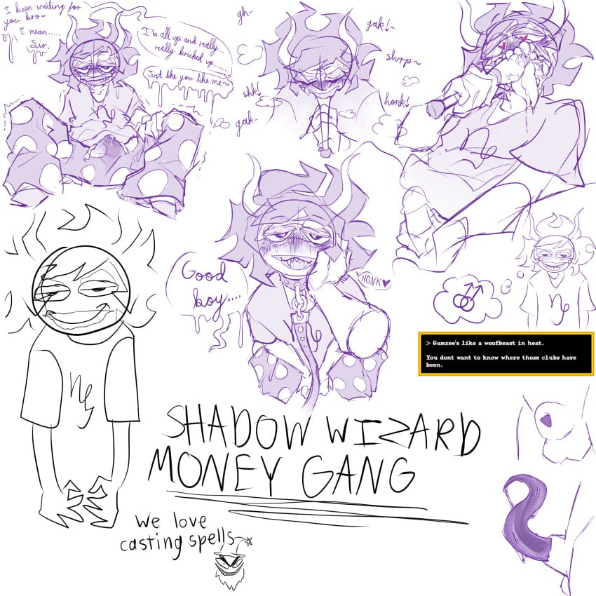 alien alien_humanoid alien_penis clown collar drooling edging fellatio gamzee_makara gay good_boy heart-shaped_pupils homestuck horns humanoid humanoid_penis leash leash_and_collar male male_only masturbation object_in_mouth petplay shadow_wizard_money_gang sheath sketch sketch_page tentacle_dick text_bubble we_love_casting_spells