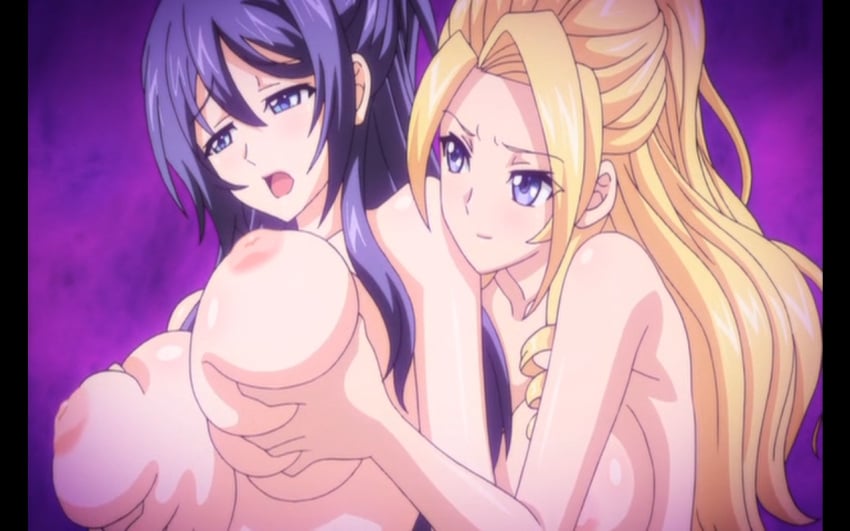 angry_smile anime_screencap blonde_hair blue_eyes breast_squeeze female female/female female_human groping_breasts human inverted_nipples mankitsu_happening midou_sayaka milf ova purple_eyes purple_hair screencap suzukawa_rei yuri