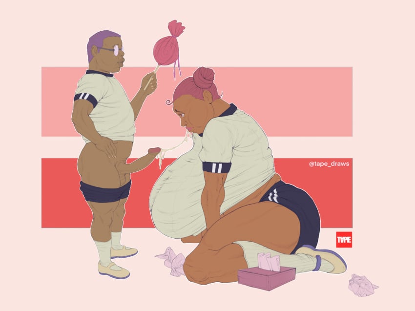 after_fellatio bbw big_ass big_breasts cum cum_drip cum_in_mouth cum_inside dark_skin glasses gym_clothes gym_shorts huge_breasts muscular_female pink_hair purple_hair school_uniform size_difference small_dom_big_sub smaller_male sports_uniform straight taller_girl tape_draws