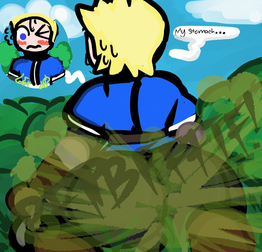 1boy blonde_hair blue_eyes blush fart fart_cloud fart_fetish farting farting_at_viewer gassy_male large_ass male_fart male_only mii mii_swordfighter nature_background stomach_ache super_smash_bros. supersludge sweatdrop text text_bubble