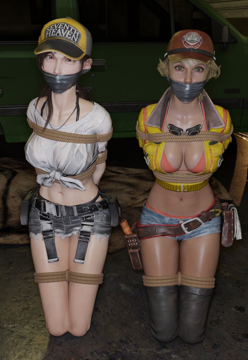 3d ballcap blender blonde_hair bondage brunette_hair caps cindy_aurum clothed female female_only final_fantasy final_fantasy_vii final_fantasy_xv gag gagged hats rope_bondage shorts tape_gag taped_mouth theblendertaper tifa_lockhart