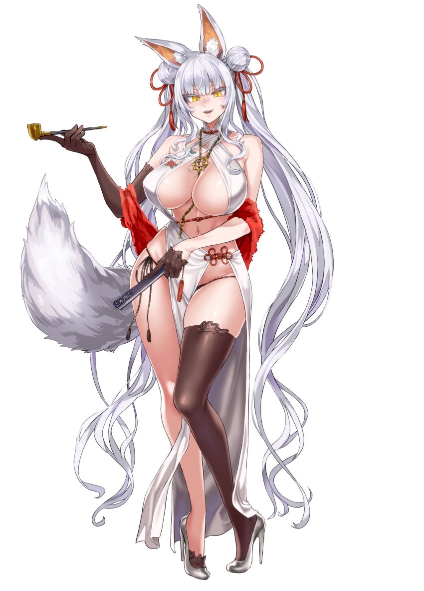 asanagi asanagi_(azur_lane) azur_lane black_legwear female female_only fox_ears fox_girl large_breasts sakura_empire_(azur_lane) smoking_pipe tagme white_background white_hair