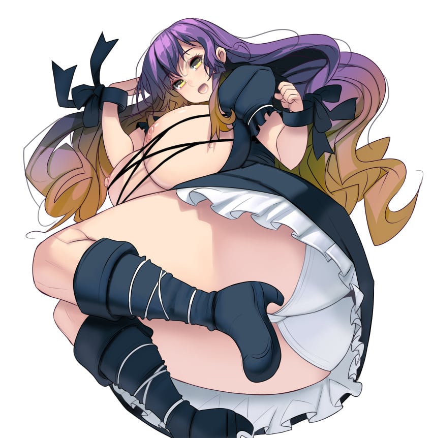 :d absurdres ass breasts dress female from_below gradient_hair highres hijiri_byakuren huge_ass huge_breasts long_hair masao mature_female milf multicolored_hair nipples open_mouth panties petticoat plump purple_hair simple_background smile solo thick_thighs thighs touhou underwear white_background white_panties yellow_eyes