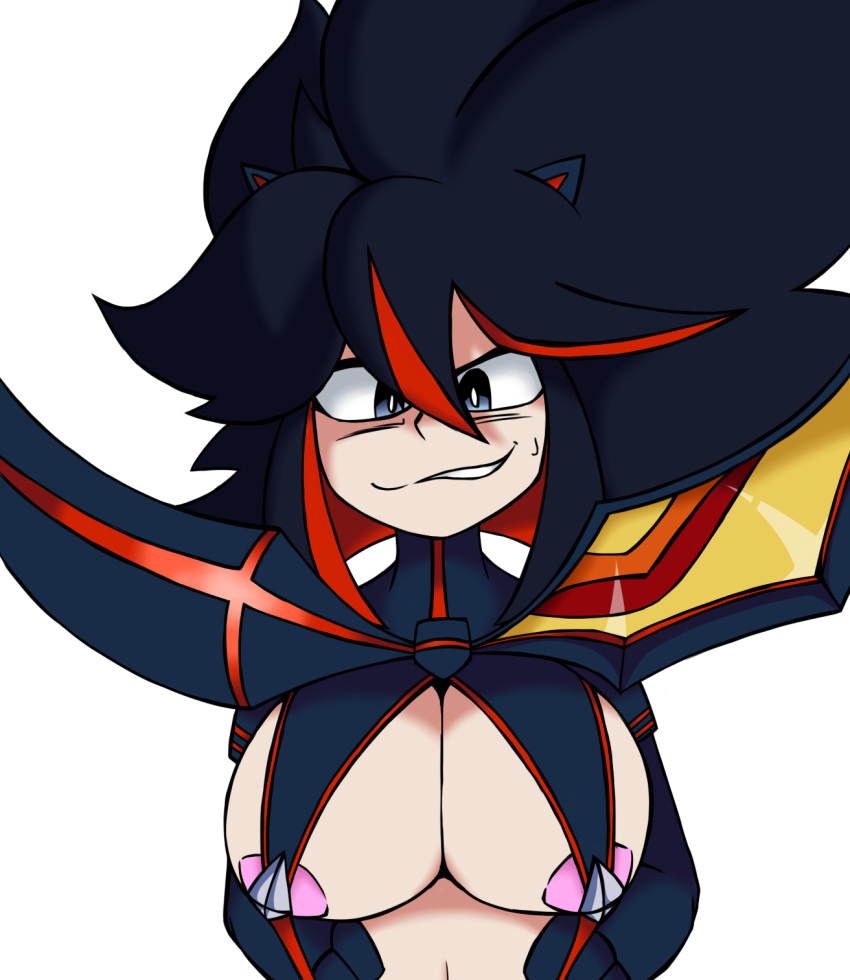 1girls bettysantana big_breasts big_hair black_clothes black_clothing black_hair breasts female female_only human kill_la_kill matoi_ryuuko nipples red_stripes smile solo tagme