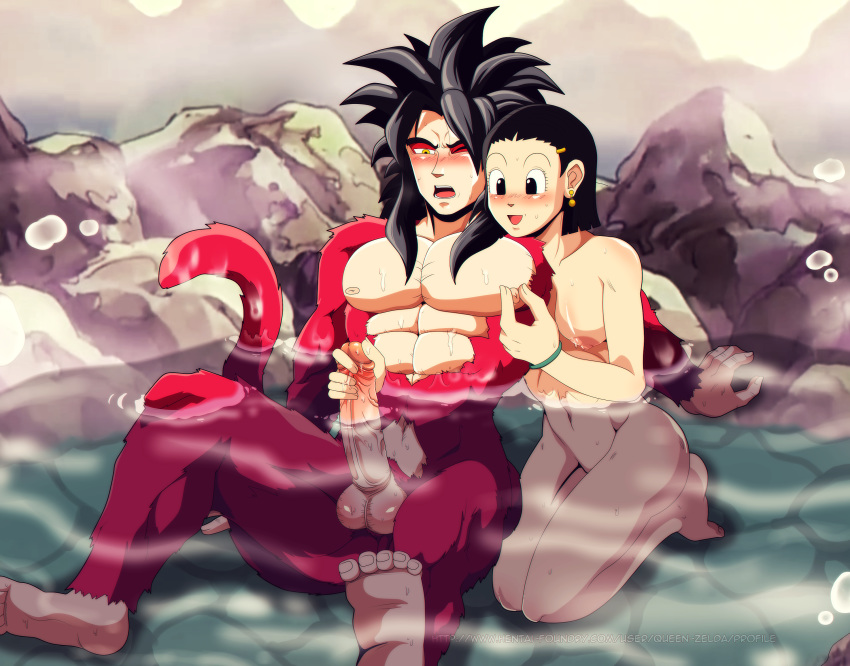 1boy 1girls 2016 abs barefoot black_hair blush breasts canon_couple chichi chichi_(gt_saga) dragon_ball dragon_ball_gt feet female foreplay fur gilf handjob human husband_and_wife large_breasts male mature milf muscles navel nipple_tweak nipples nude onsen partially_submerged pecs penis queen-zelda rock son_goku spiked_hair stomach super_saiyan_4 tail testicles toes water wet