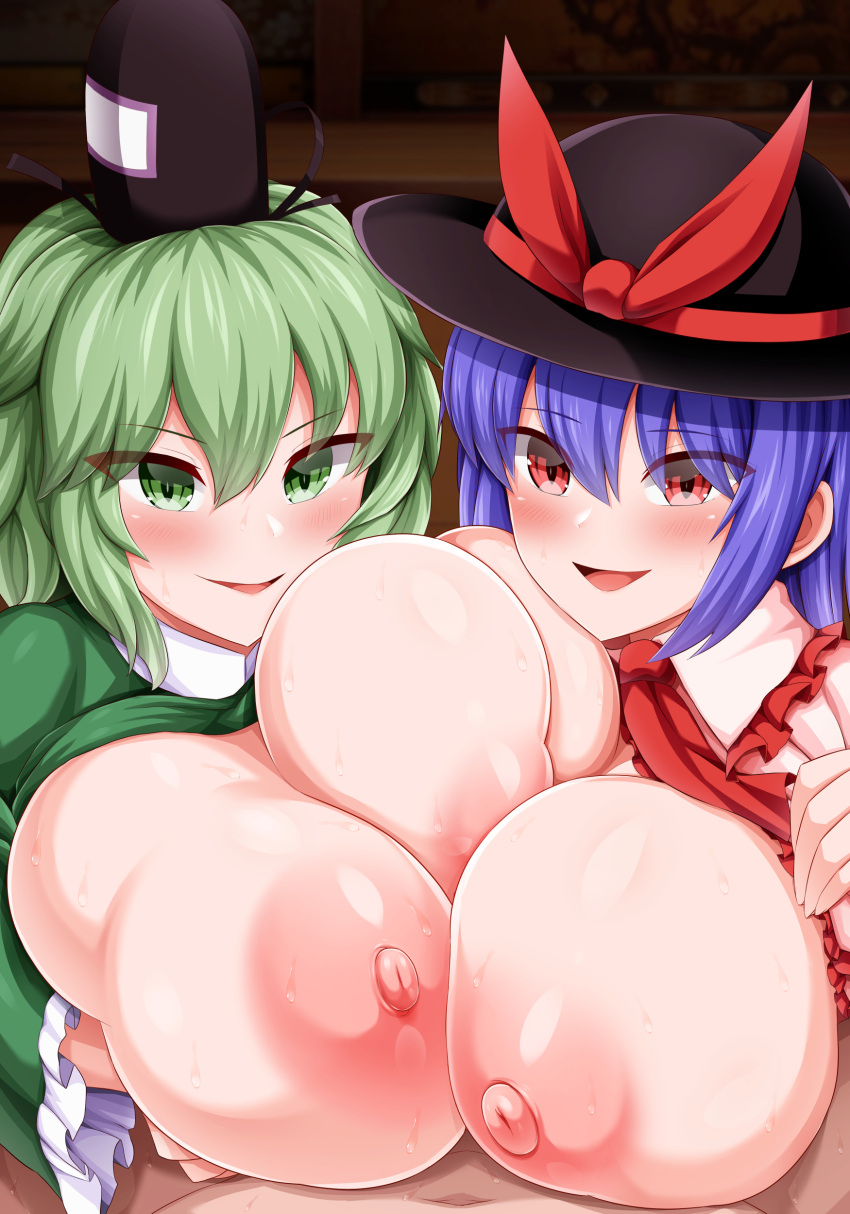 1boy 2girls big_breasts bimbo black_headwear breasts gigantic_breasts green_eyes green_hair huge_breasts iku_nagae large_breasts looking_at_viewer mff_threesome monaka_(gatinemiku) nipples pov purple_hair red_eyes short_hair smile soga_no_tojiko straight tate_eboshi textless threesome touhou variant_set